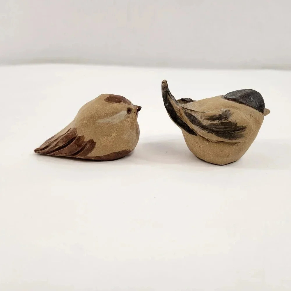 Clay Bird Sculptures Pair - Sparrow  Chickadee Songbird